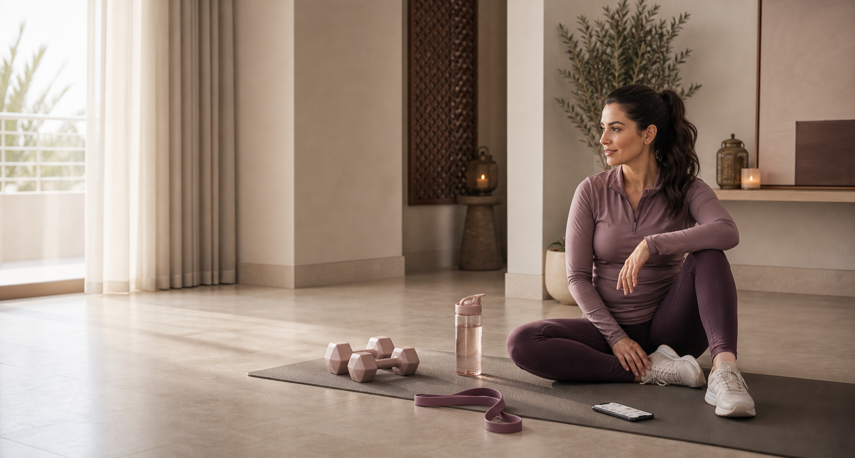 A woman preparing for private app-guided strength training at home.